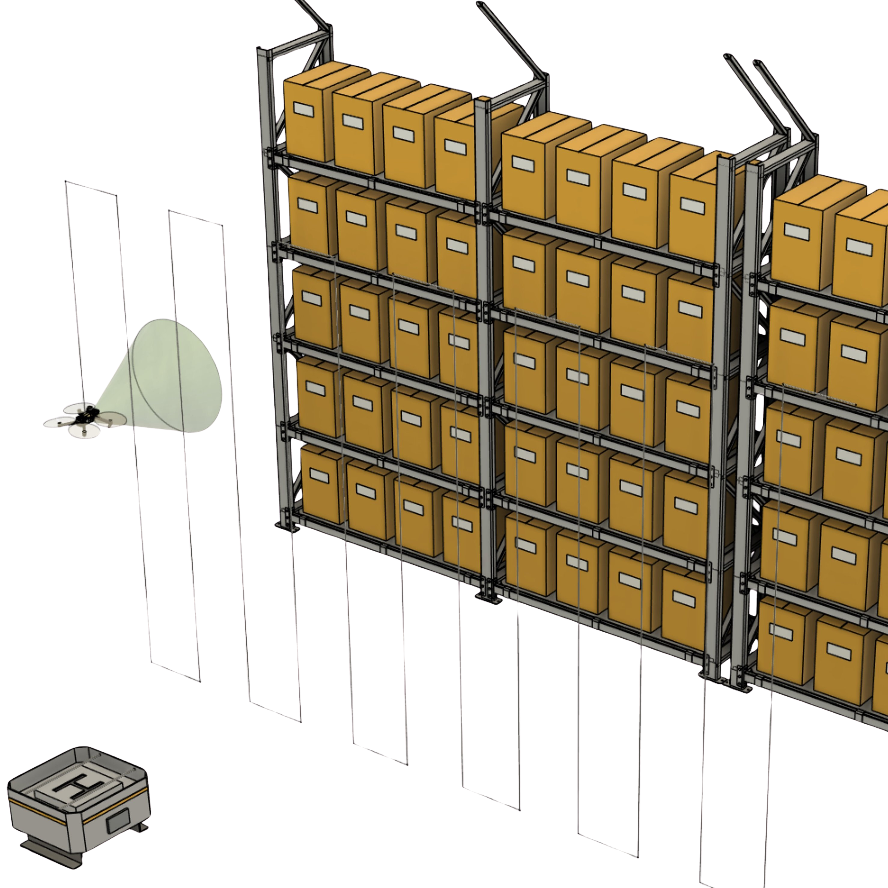 Odonata drone scanning warehouse racks with docking station